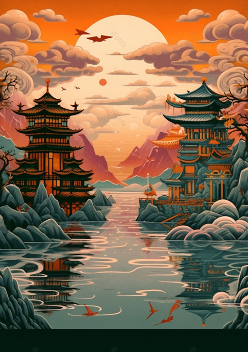 落日余晖中高山流水下的古建筑楼阁背景,插画/手绘图,插画/手绘图库,插画/手绘图下载,插画/手绘